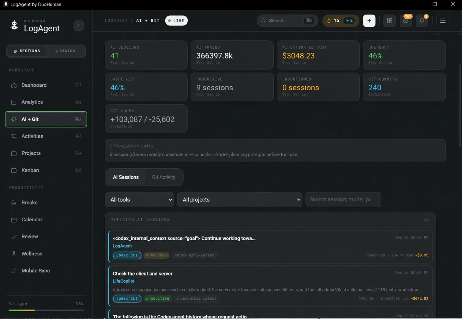 AI sessions, Git and tokens screen