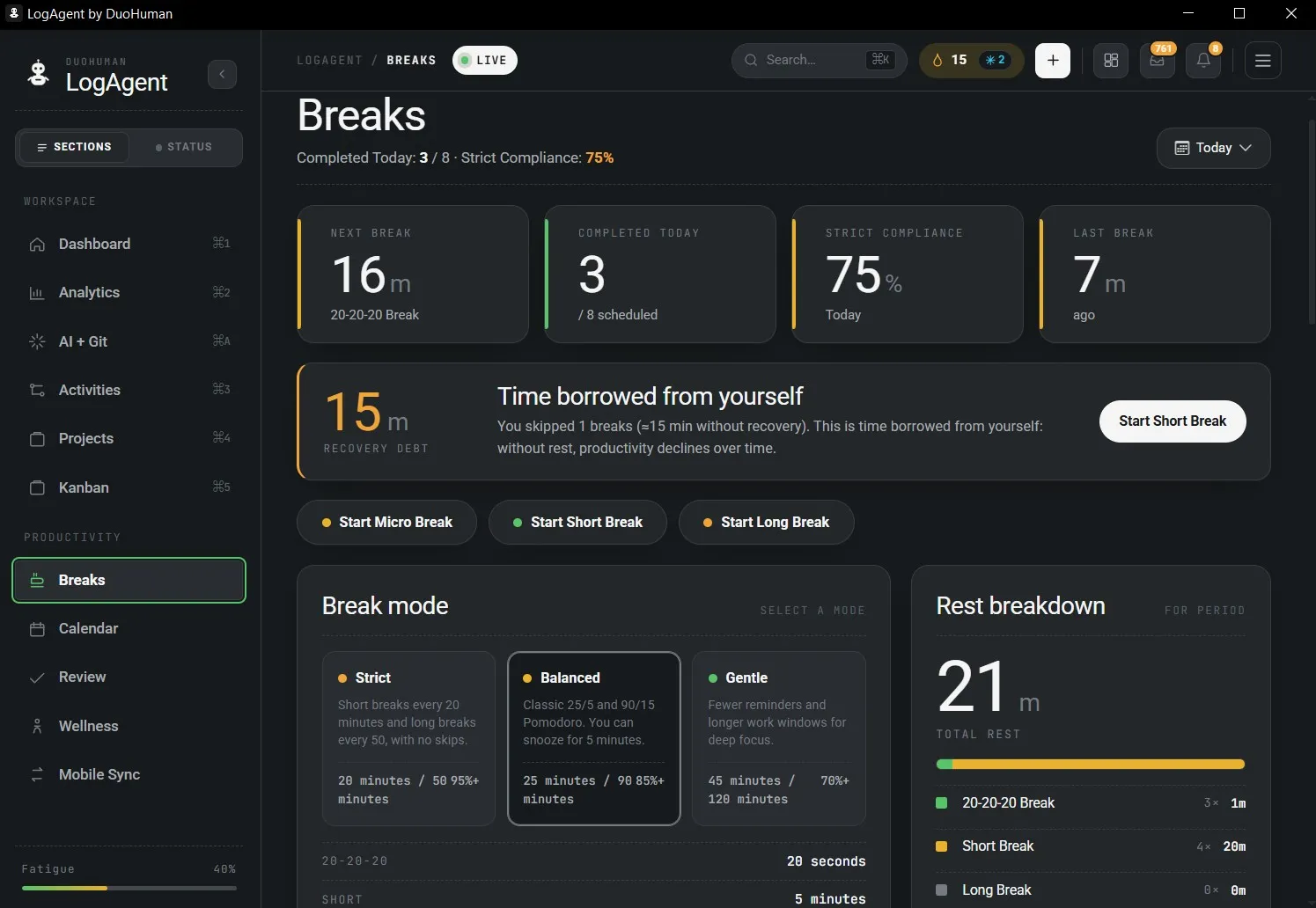 Breaks, schedule and 20-20-20 screen